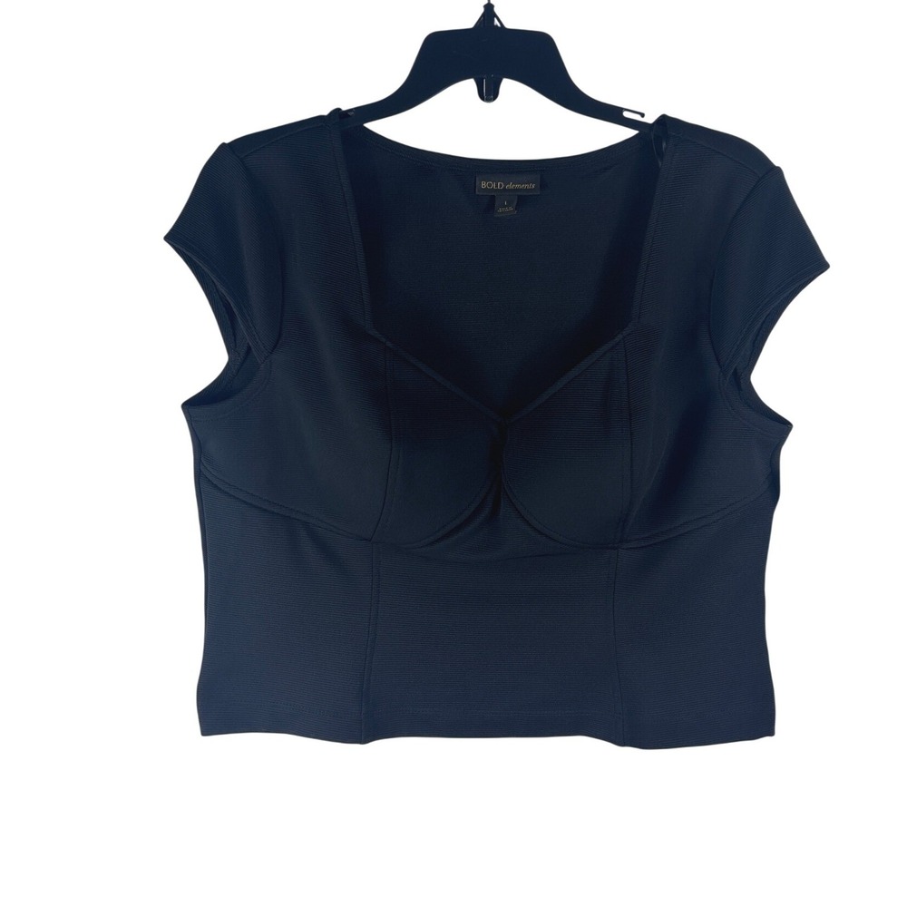 Bold Elements Black Square Neck Cap Sleeve Textured Cropped Top Women Large‎ NEW